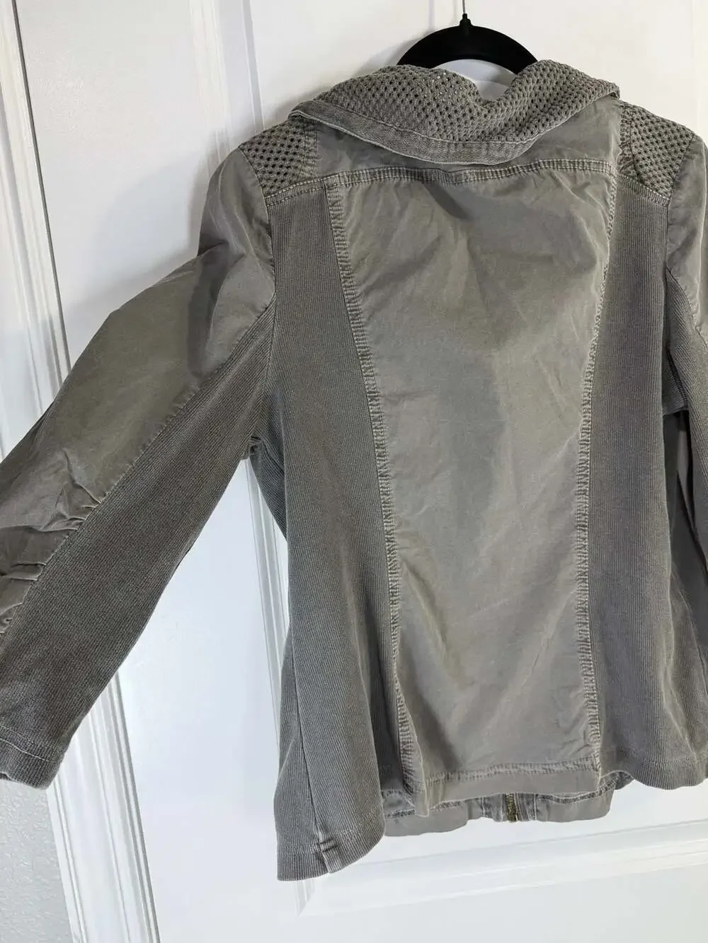 XCVI Fjord Grey Mixed Media Utility Jacket with Mesh Cowl Neck